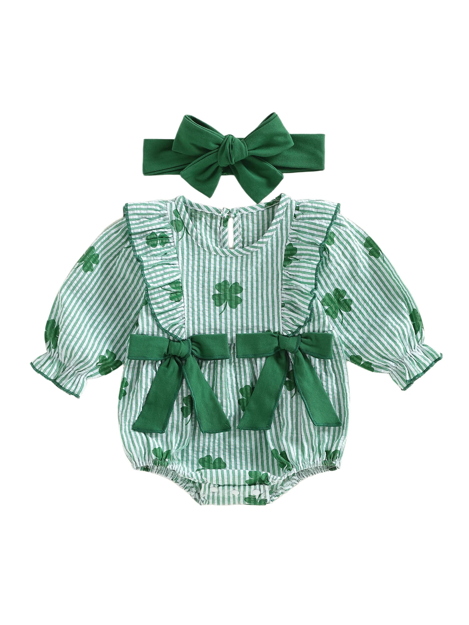 St Patrick s Day Toddler Girls 2 Piece Set Green Clover Print Romper with Matching Bow Headband for Irish Celebration
St Patrick s Day Toddler Girls 2 Piece Set Green Clover Print Romper with Matching Bow Headband for Irish Celebration