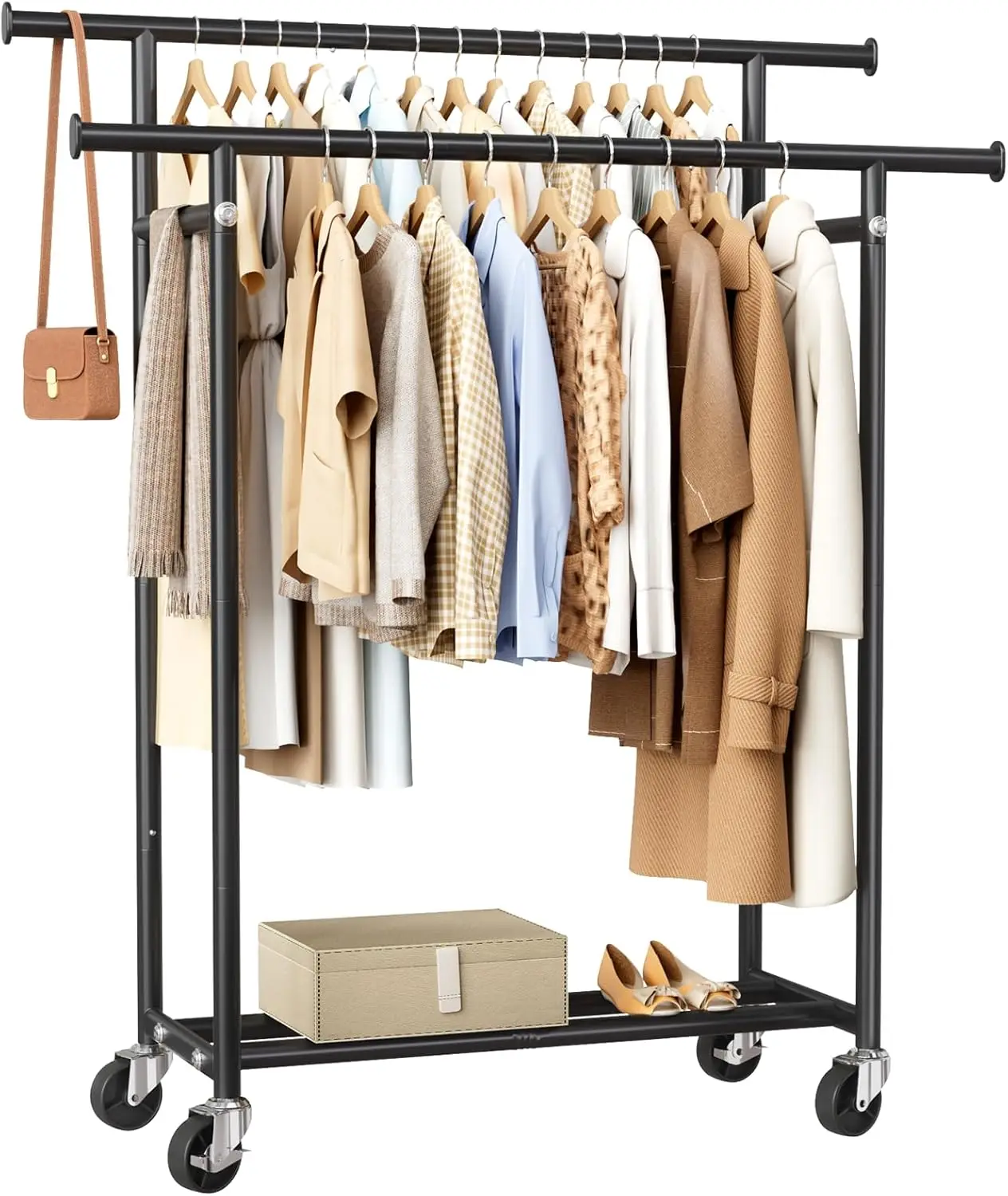 Clothes Rack, Double Rods Rolling Clothing Rack for Hanging Clothes, Portable Garment Rack with Wheels, Coat Rack Wardrobe Cl
Clothes Rack, Double Rods Rolling Clothing Rack for Hanging Clothes, Portable Garment Rack with Wheels, Coat Rack Wardrobe Cl