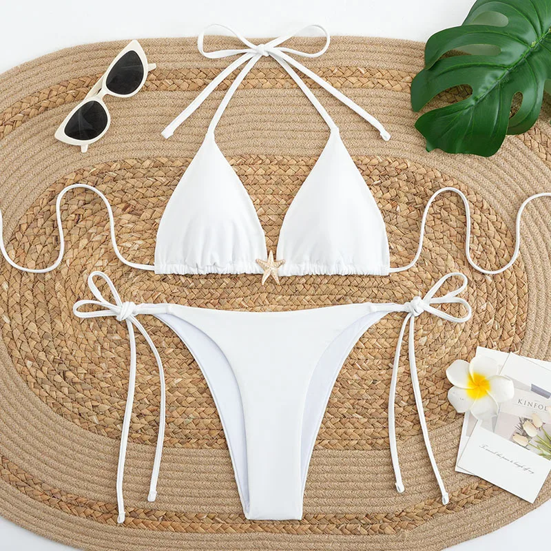 Solid color beach bikini two-piece swimsuit for women, new conservative style with ties, no underwire
Solid color beach bikini two-piece swimsuit for women, new conservative style with ties, no underwire