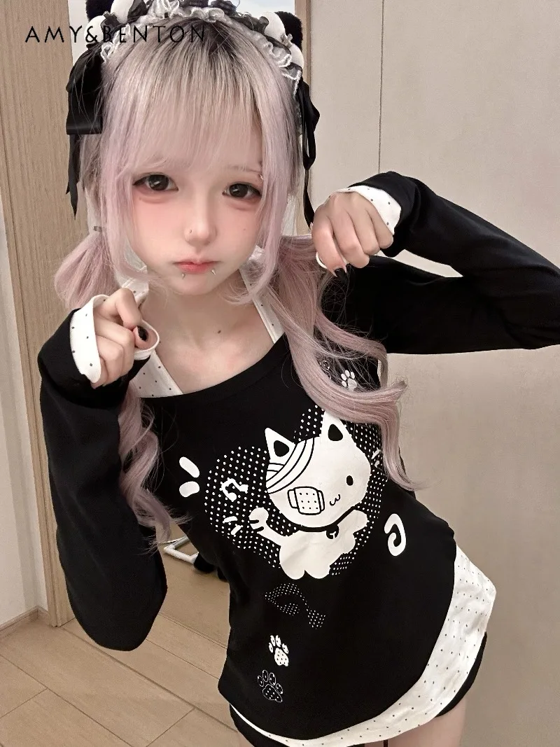 Japanese Style Anime Kawaii Cat Print Long Sleeve Off-Shoulder Slim Fit Polka Dot Tie-Up Halter Fake Two-Piece Top T-Shirt Women
Japanese Style Anime Kawaii Cat Print Long Sleeve Off-Shoulder Slim Fit Polka Dot Tie-Up Halter Fake Two-Piece Top T-Shirt Women