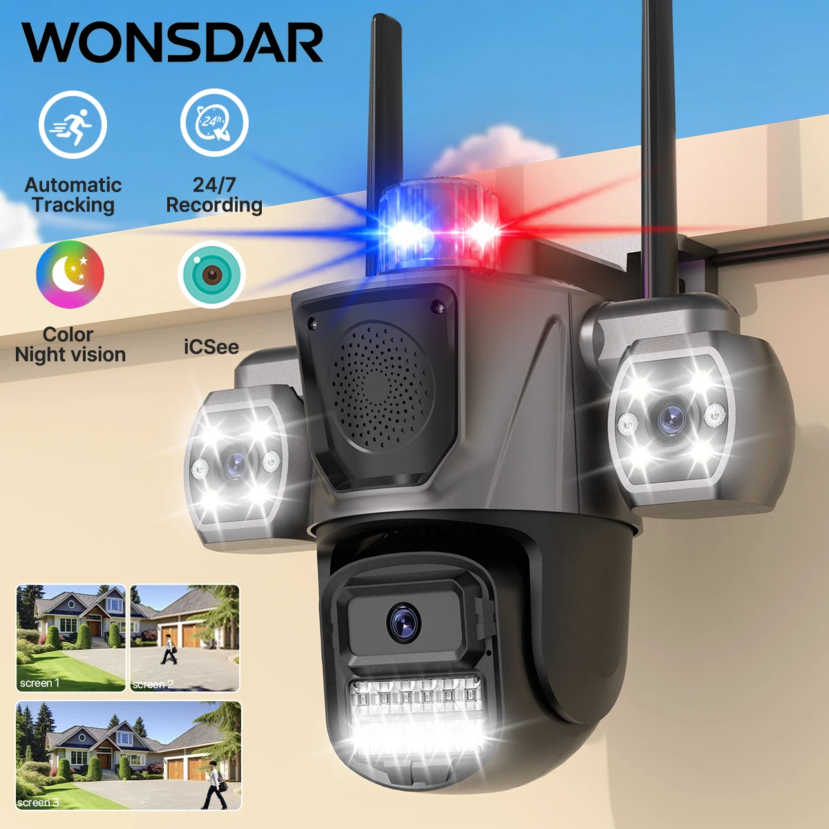 WONSDAR Three Screen WiFi Surveillance Camera With Alarm Speaker Outdoor Security IP Camera Auto Tracking Audio iCsee App
WONSDAR Three Screen WiFi Surveillance Camera With Alarm Speaker Outdoor Security IP Camera Auto Tracking Audio iCsee App