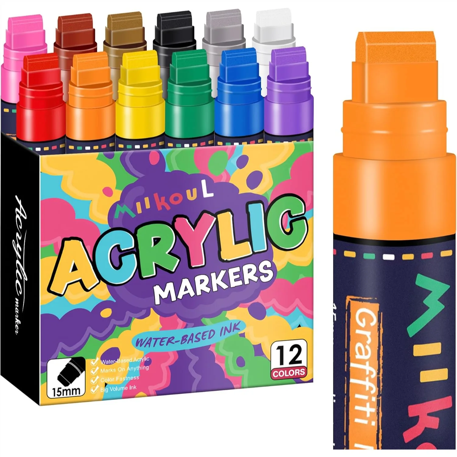 12 Colors Jumbo Graffiti Markers With 15mm Felt Tip Permanent Acrylic Paint Pens For Rock Painting Wood Canvas Glass
12 Colors Jumbo Graffiti Markers With 15mm Felt Tip Permanent Acrylic Paint Pens For Rock Painting Wood Canvas Glass