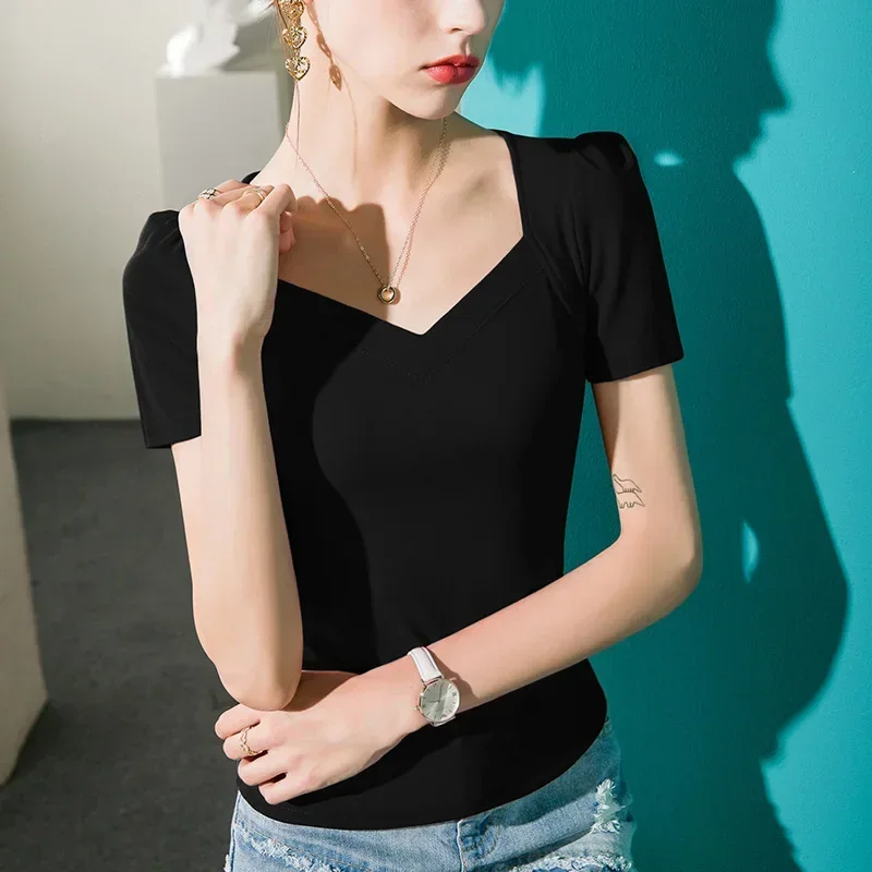 V-neck Cotton Sexy Short Office T Shirt Ladies Skinny Womens Tee Shirts Summer #4418 Black White Red Puff Sleeve T Shirt Women
V-neck Cotton Sexy Short Office T Shirt Ladies Skinny Womens Tee Shirts Summer #4418 Black White Red Puff Sleeve T Shirt Women