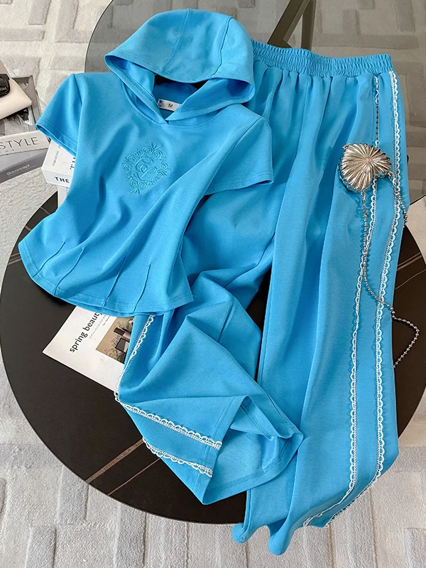 Slim Fit Sportswear Set for Women Short Sleeve Wide Leg Pants Two Piece Blue Casual Summer Fashion Street Style Cotton Hoodie
Slim Fit Sportswear Set for Women Short Sleeve Wide Leg Pants Two Piece Blue Casual Summer Fashion Street Style Cotton Hoodie