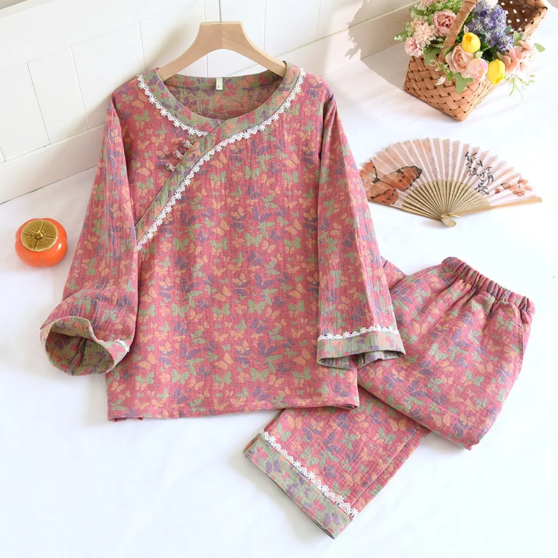 Women's Retro Long-sleeved Trousers Loungewear Set Yarn-dyed Double-sided Jacquard Thin Pajamas Round Neck Chinese Style Pijama
Women's Retro Long-sleeved Trousers Loungewear Set Yarn-dyed Double-sided Jacquard Thin Pajamas Round Neck Chinese Style Pijama
