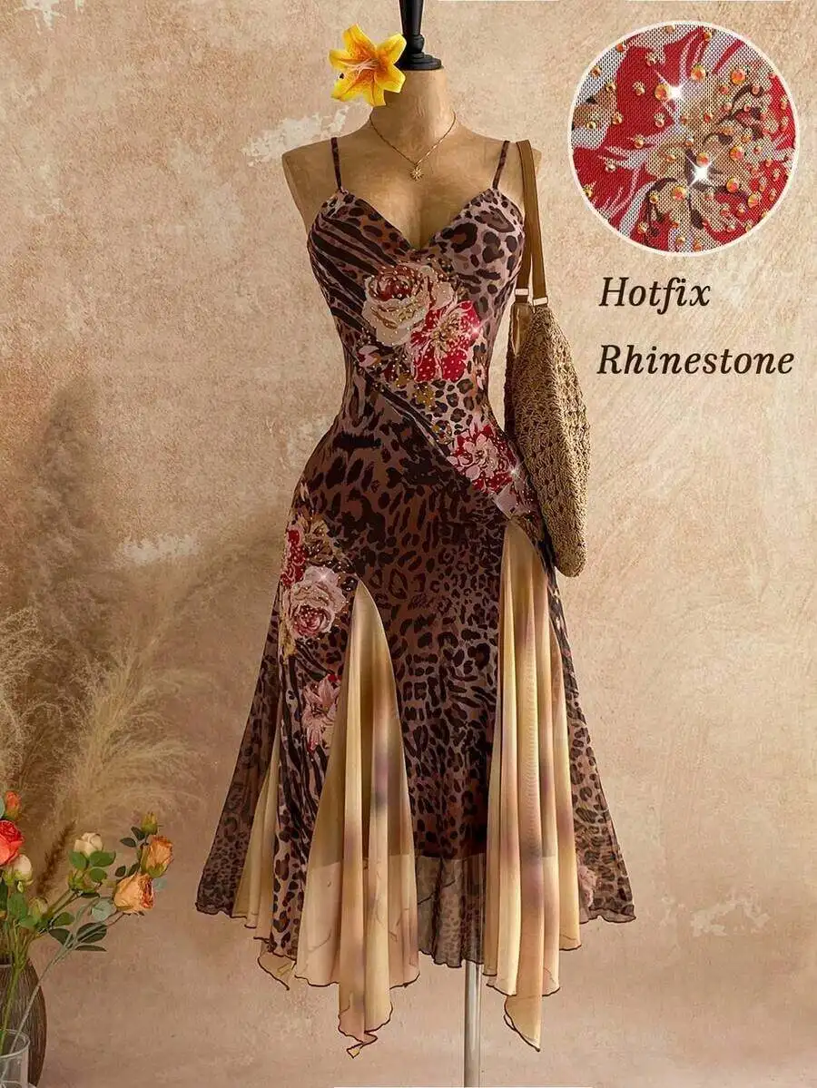 Brown Leopard Print Floral Asymmetrical Cami Dress With Rhinestone Embellishment
Brown Leopard Print Floral Asymmetrical Cami Dress With Rhinestone Embellishment