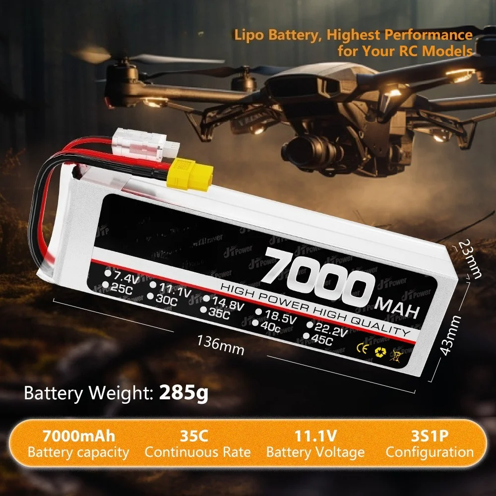 7.4V 7000mAh 35C High-Rate LiPo Battery - 3S RC Power Pack for Drones/RC Cars/Boats XT60 Plug 2S-3S Compatible Low IR Design
7.4V 7000mAh 35C High-Rate LiPo Battery - 3S RC Power Pack for Drones/RC Cars/Boats XT60 Plug 2S-3S Compatible Low IR Design