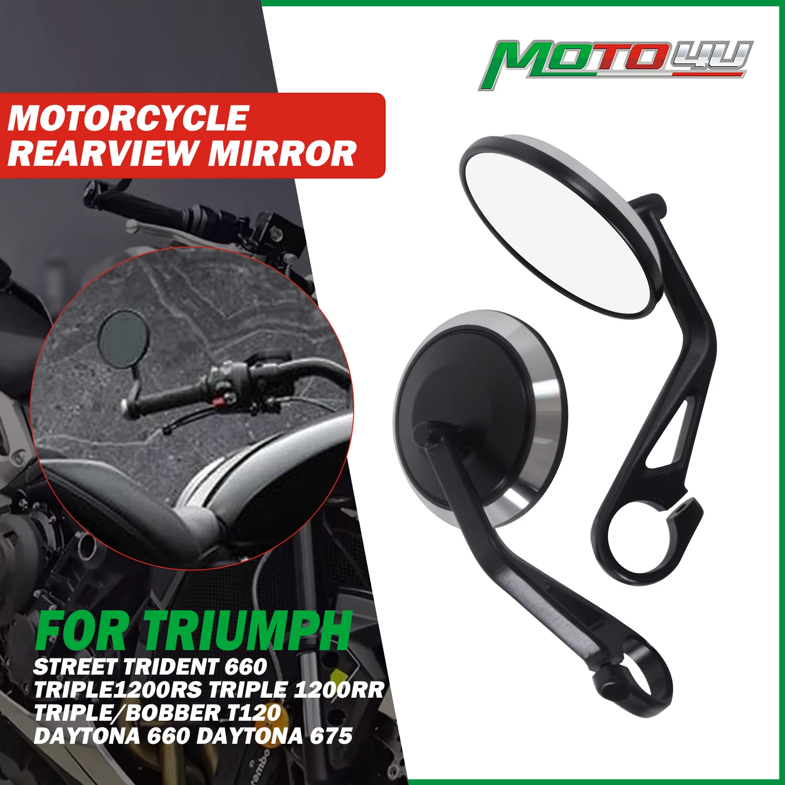Для мотоциклов Triumph Street Trident 660, Bobber T120, Daytona 660, 675, Rocket 3: Комплект зеркал заднего вида с креплением на руль (CNC)
Для мотоциклов Triumph Street Trident 660, Bobber T120, Daytona 660, 675, Rocket 3: Комплект зеркал заднего вида с креплением на руль (CNC)