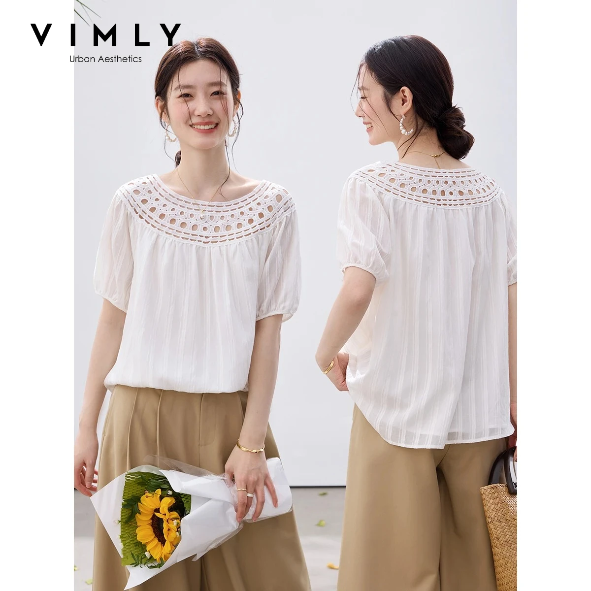 VIMLY Elegant Off Shoulder Short Sleeve Blouses for Women 2026 Summer New Geometric Cut Out Lace Puff Sleeve Chiffon Shirt A6200
VIMLY Elegant Off Shoulder Short Sleeve Blouses for Women 2026 Summer New Geometric Cut Out Lace Puff Sleeve Chiffon Shirt A6200