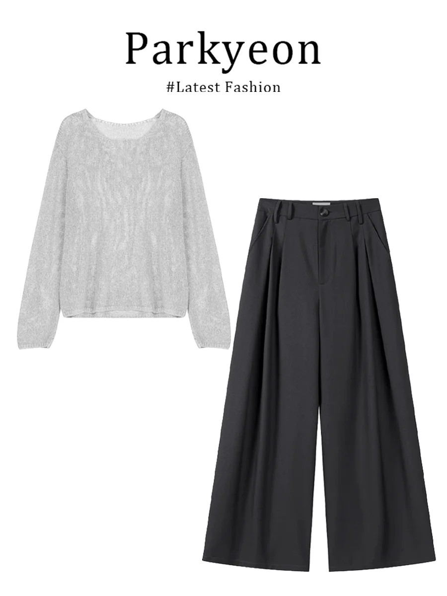 Parkyeon2026 Spring New Lazy Soft round Neck Grey Knitted Sweater Wide Leg Pants Set Women Casual Loose Fit Summer Outfit
Parkyeon2026 Spring New Lazy Soft round Neck Grey Knitted Sweater Wide Leg Pants Set Women Casual Loose Fit Summer Outfit