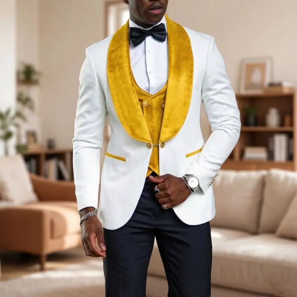 White Formal Suits for Men Slim Fit 3 Pieces Custom Made Wedding Tuxedo Mix Match Velvet Shawl Lapel Prom Movie Premiere Wear
White Formal Suits for Men Slim Fit 3 Pieces Custom Made Wedding Tuxedo Mix Match Velvet Shawl Lapel Prom Movie Premiere Wear