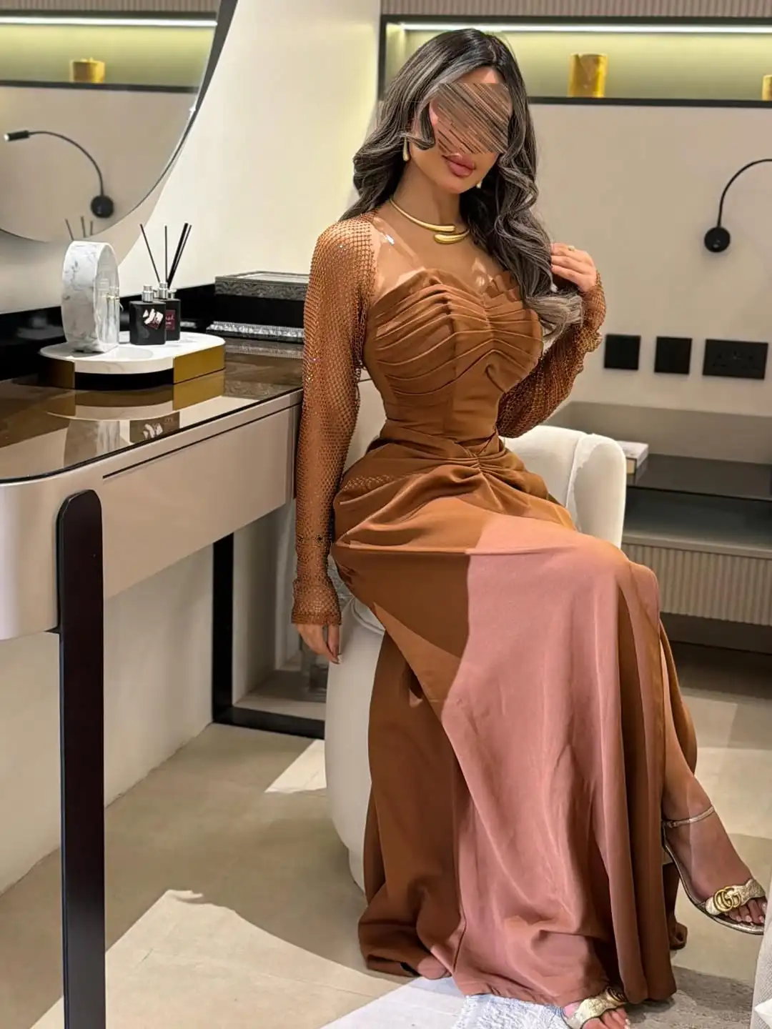 Arabia Elegant Brown Mesh Sleeves Birthday Dress Classic Women Pleated Mermaid Slit Stylish Party Dress Evening Prom Customized
Arabia Elegant Brown Mesh Sleeves Birthday Dress Classic Women Pleated Mermaid Slit Stylish Party Dress Evening Prom Customized