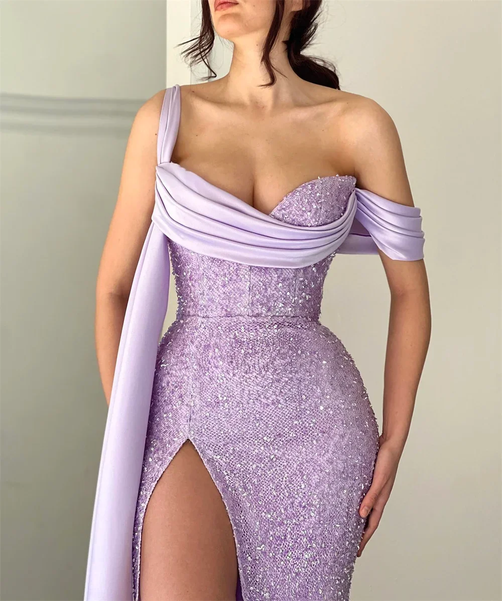 Luxury Sequined Lilac Evening Dresses High Split Beaded Mermaid Pleat Satin Off Shoulder Formal Party Prom Gowns Women customize
Luxury Sequined Lilac Evening Dresses High Split Beaded Mermaid Pleat Satin Off Shoulder Formal Party Prom Gowns Women customize