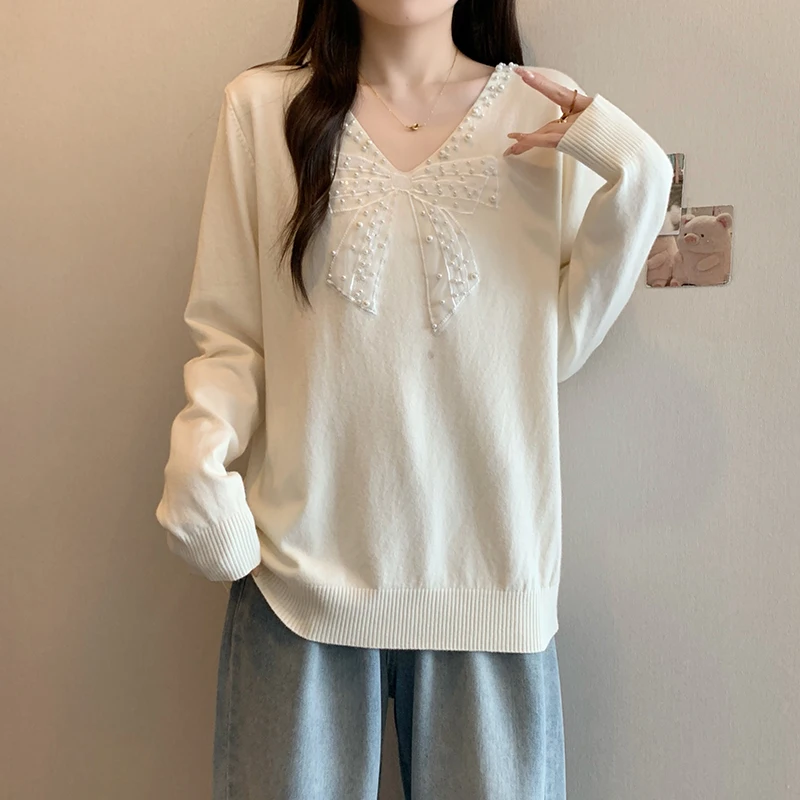 Women Sweaters Pullover 2025 Autumn Winter Cartoon Bow Sequins Korean Fashion Loose Ladies Long Sleeve Round Neck Tops Knitwear
Women Sweaters Pullover 2025 Autumn Winter Cartoon Bow Sequins Korean Fashion Loose Ladies Long Sleeve Round Neck Tops Knitwear