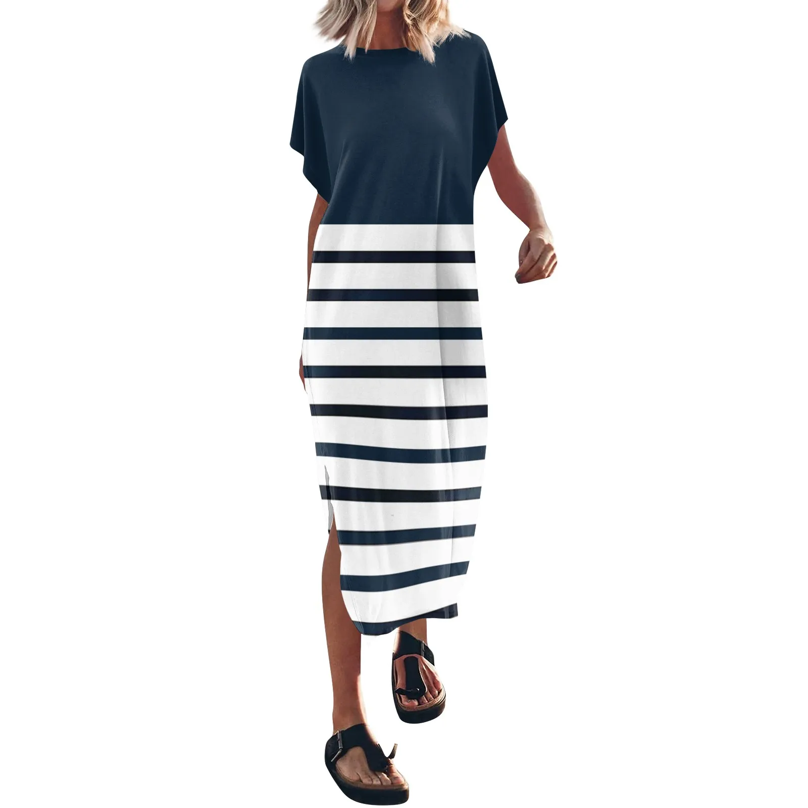 Summer New Round Neck Short Sleeve Loose Casual Tshirt Dress Women High Street Striped Patchwork Pocket All-match Maxi Dresses
Summer New Round Neck Short Sleeve Loose Casual Tshirt Dress Women High Street Striped Patchwork Pocket All-match Maxi Dresses