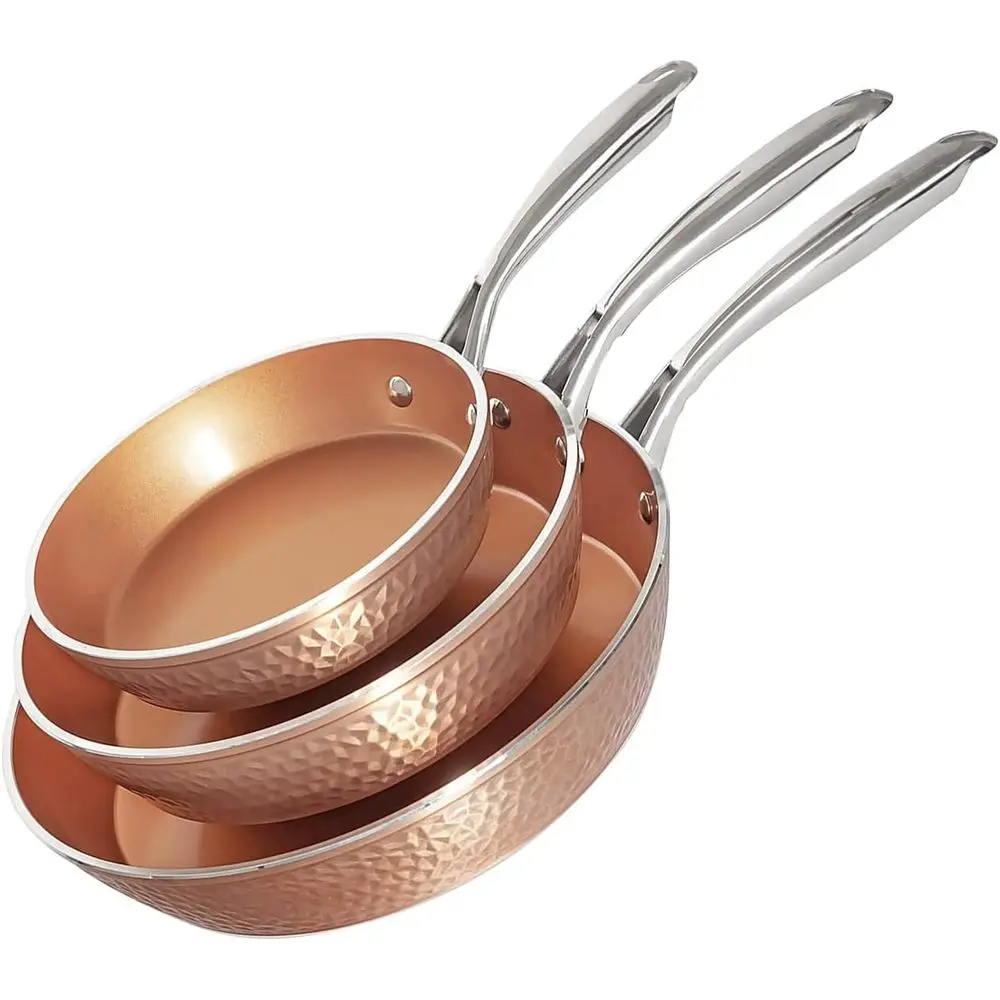 3-Piece Nonstick Copper Pan Set: 8, 10, 12 Skillets, Omelet Pan, Dishwasher Safe, Cool Touch Handles
3-Piece Nonstick Copper Pan Set: 8, 10, 12 Skillets, Omelet Pan, Dishwasher Safe, Cool Touch Handles