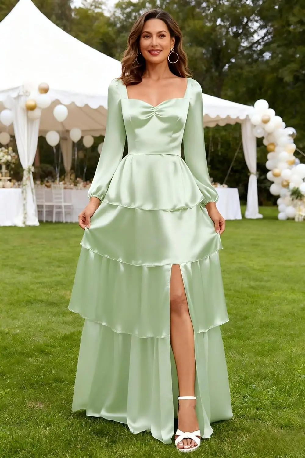 Tiered Ruffles Bridesmaid Dresses with Slit Long Sleeves Satin Formal Evening Party Dress
Tiered Ruffles Bridesmaid Dresses with Slit Long Sleeves Satin Formal Evening Party Dress