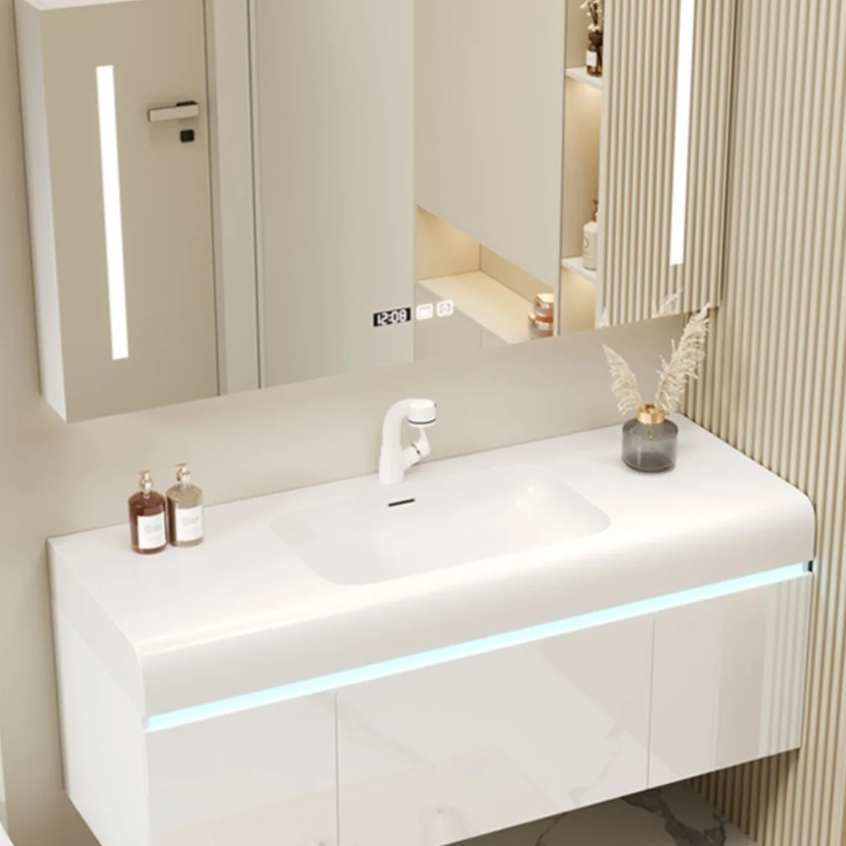 Toilet smart bathroom cabinet combination light luxury integrated face wash basin cabinet washstand storage mirror cabinet 
Toilet smart bathroom cabinet combination light luxury integrated face wash basin cabinet washstand storage mirror cabinet