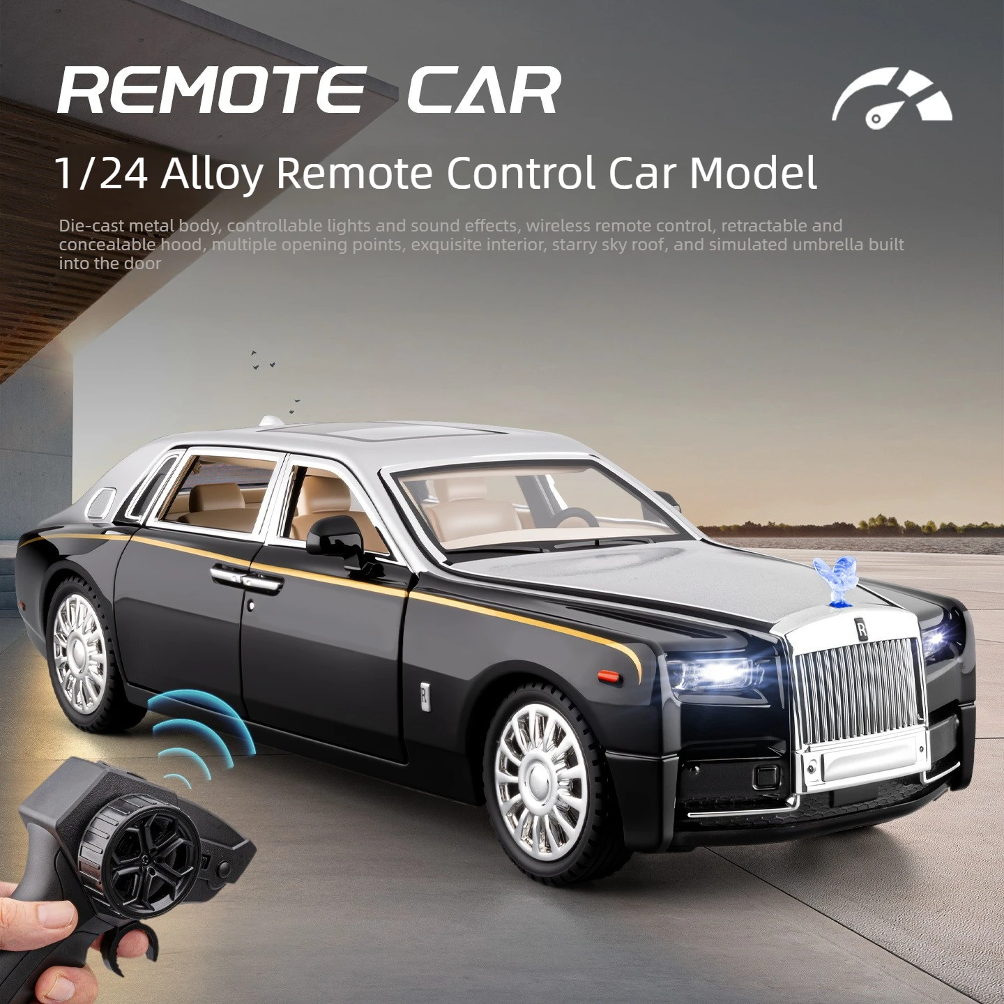 Модель автомобиля Phantom из сплава 1:24, радиоуправляемая, со звуком и светом, игрушка-подарок, коллекционная модель из литого сплава
Модель автомобиля Phantom из сплава 1:24, радиоуправляемая, со звуком и светом, игрушка-подарок, коллекционная модель из литого сплава