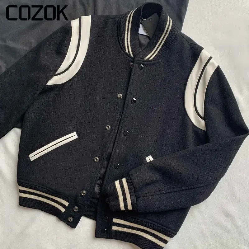 Classics Baseball Jacket Men Women Genuine Leather Wool Black White Patchwork Jacket Fashion High Quality Clothes Unisex 2023
Classics Baseball Jacket Men Women Genuine Leather Wool Black White Patchwork Jacket Fashion High Quality Clothes Unisex 2023