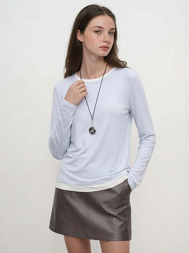 Women Fake Two-Piece T-shirt Spring Summer 6%Silk Round Neck Long Sleeve Basic T-Shirts Tops
Women Fake Two-Piece T-shirt Spring Summer 6%Silk Round Neck Long Sleeve Basic T-Shirts Tops