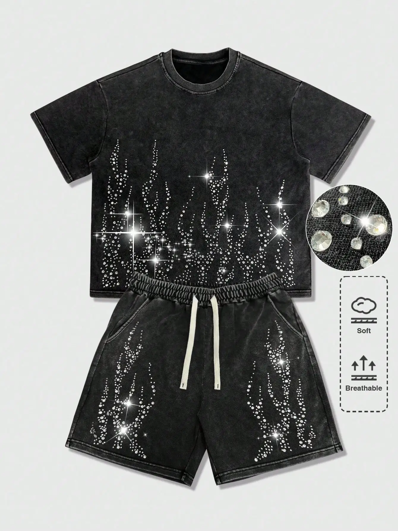 Men's Distressed Black Rhinestone Flame Print T-Shirt & Shorts Set
Men's Distressed Black Rhinestone Flame Print T-Shirt & Shorts Set
