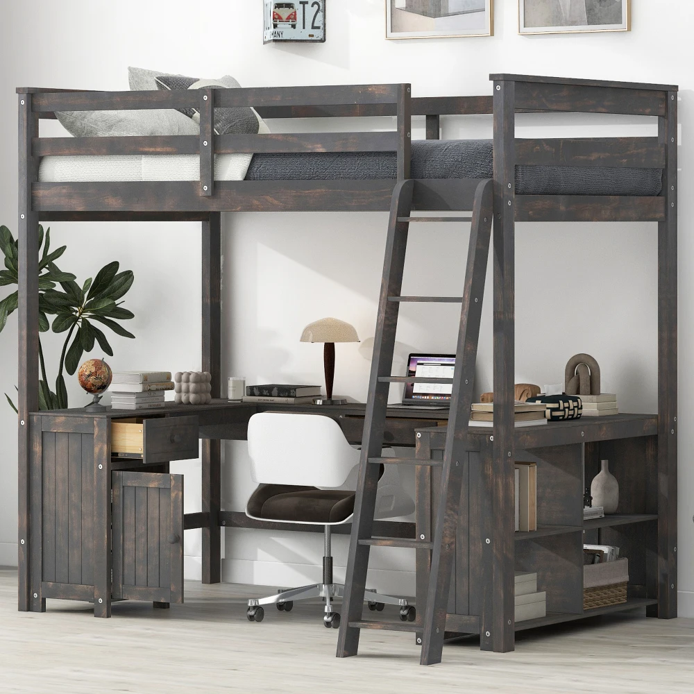 Full Size Loft Bed with U-shaped Desk, Drawers and Storage Shelves, Antique Brown
Full Size Loft Bed with U-shaped Desk, Drawers and Storage Shelves, Antique Brown