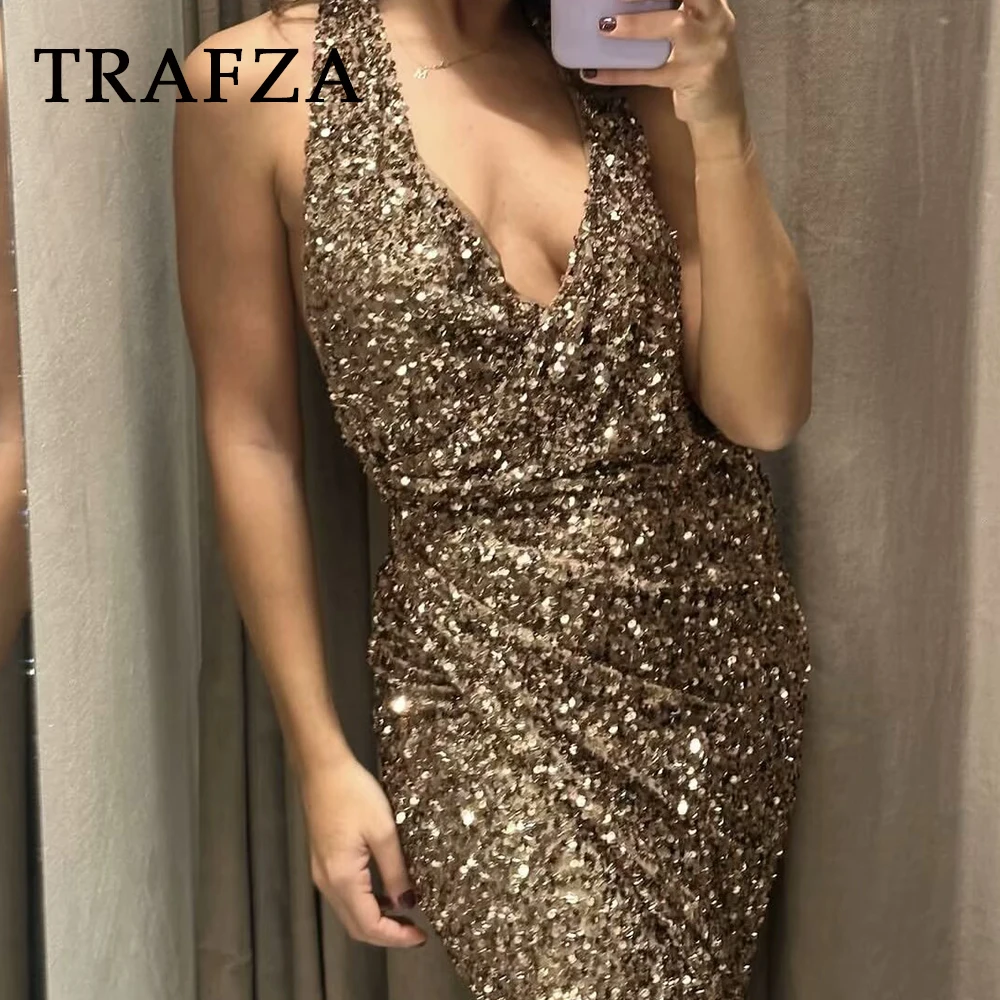 TRAFZA Chic Women Sequined Spring Dress Long Backless Neck-Mounted Asymmetric Shiny Sexy Dress Fashion 2025 Night Party Vestido
TRAFZA Chic Women Sequined Spring Dress Long Backless Neck-Mounted Asymmetric Shiny Sexy Dress Fashion 2025 Night Party Vestido