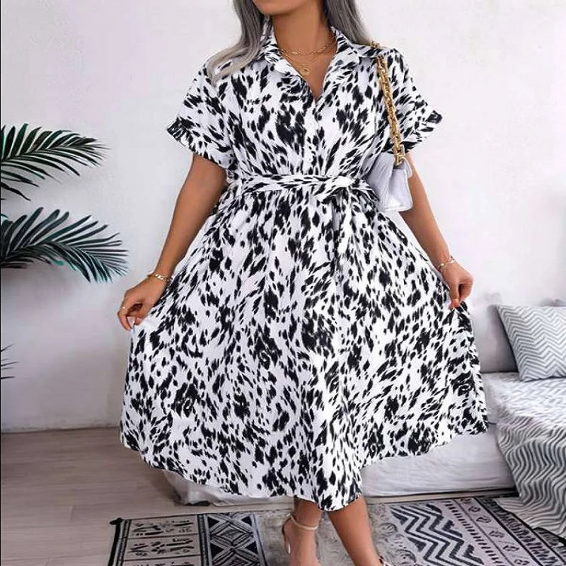 Women Leopard Print Shirt Dress Collared Short Sleeve Tie Waist A Line Midi Dress
Women Leopard Print Shirt Dress Collared Short Sleeve Tie Waist A Line Midi Dress