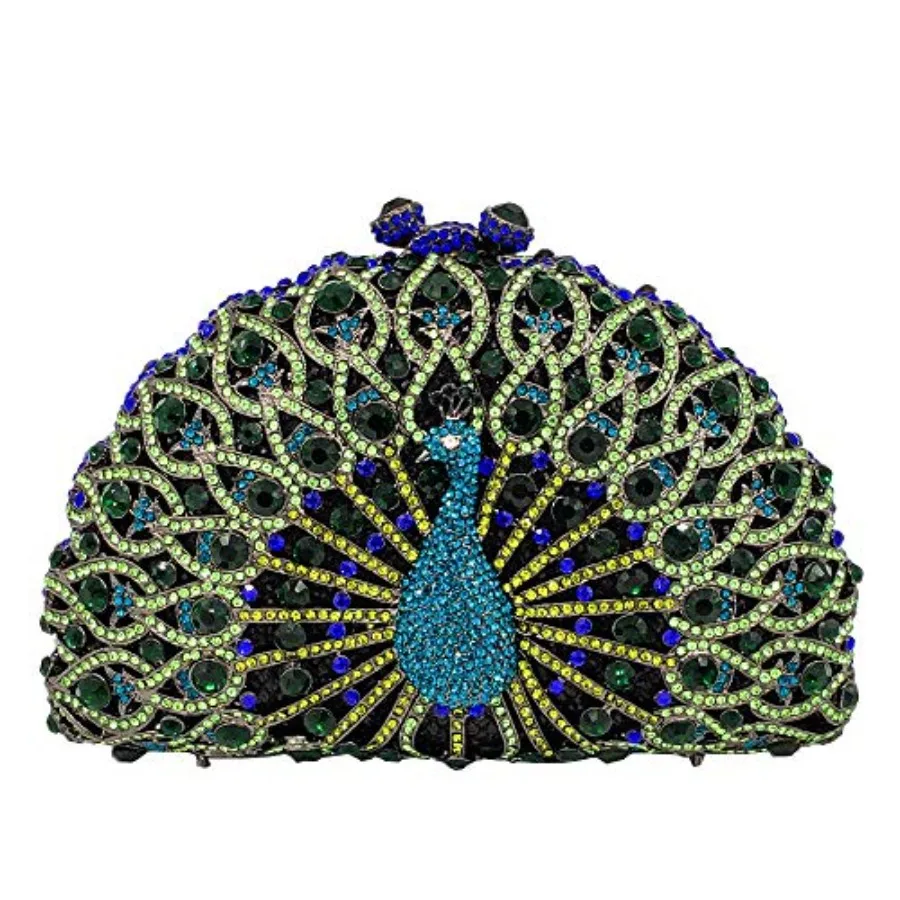 Evening clutch purse for weddings and parties: peacock-colored rhinestone-embellished hardcase crystal handbag, boutique-style
Evening clutch purse for weddings and parties: peacock-colored rhinestone-embellished hardcase crystal handbag, boutique-style