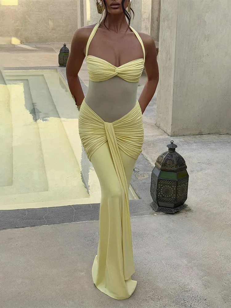 Absobe Women's Yellow Elegant Maxi Dress Halter Tie Patchwork Sheer Mesh Ruched Slim Bodycon Long Dress Sexy Backless Partywear
Absobe Women's Yellow Elegant Maxi Dress Halter Tie Patchwork Sheer Mesh Ruched Slim Bodycon Long Dress Sexy Backless Partywear