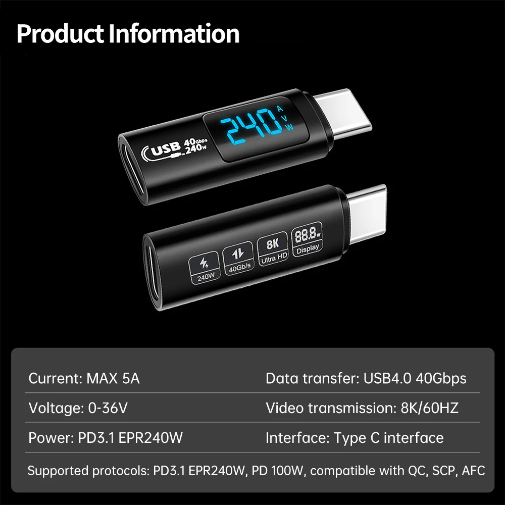Светодиодный дисплей PD240W USB4.0 40 Гбит/с Тип C к C OTG Адаптер Измеритель напряжения 8K при 60 Гц 5A Для зарядки, копирования данных, передачи видео
Светодиодный дисплей PD240W USB4.0 40 Гбит/с Тип C к C OTG Адаптер Измеритель напряжения 8K при 60 Гц 5A Для зарядки, копирования данных, передачи видео