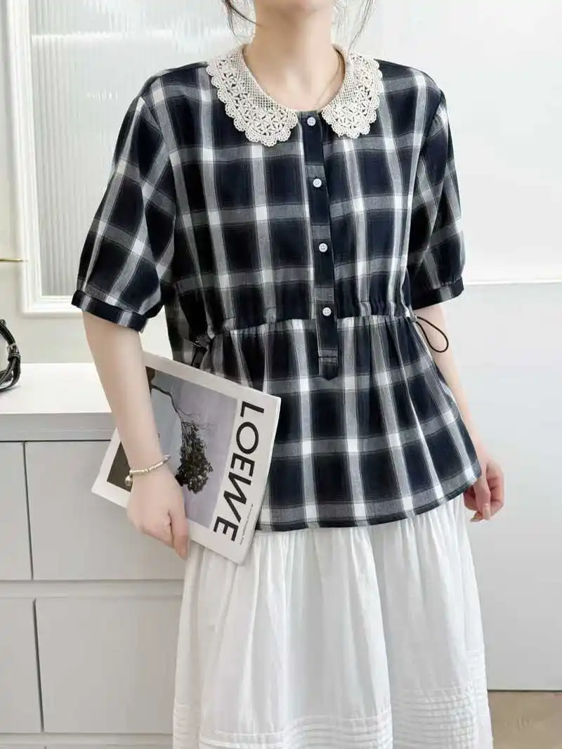 Women Summer Mori Girl Vintage Plaid Cotton Shirts Cute Lace Collar Short Sleeve Casual Loose Button Front Pullover Blouse Tops
Women Summer Mori Girl Vintage Plaid Cotton Shirts Cute Lace Collar Short Sleeve Casual Loose Button Front Pullover Blouse Tops