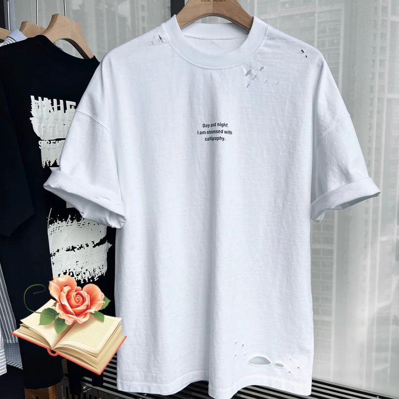 White ALMOSTBLACK Hole Damaged Distressed Letter Print T-shirt Japanese Men Women Hip Hop High Street Short Sleeve Tops Tee
White ALMOSTBLACK Hole Damaged Distressed Letter Print T-shirt Japanese Men Women Hip Hop High Street Short Sleeve Tops Tee