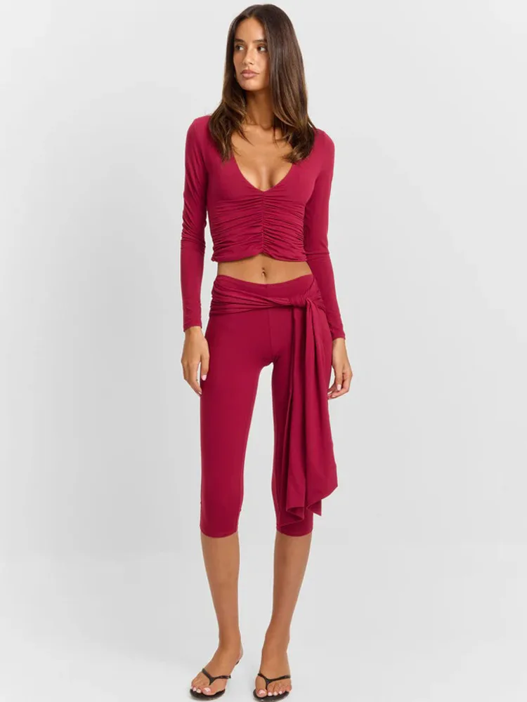 Sibybo Casual Red Women Pant Sets V-Neck Long Sleeve Crop Tops High Waist Bandage Trousers Summer Female Skinny Sports Set 2026
Sibybo Casual Red Women Pant Sets V-Neck Long Sleeve Crop Tops High Waist Bandage Trousers Summer Female Skinny Sports Set 2026