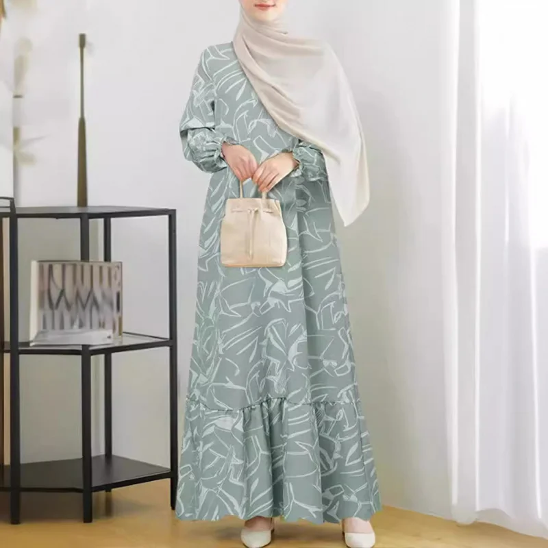 2025Muslim Women's Clothing Middle Eastern Fashion Long Robe Spring and Autumn Long Sleeve Geometric Print Ruffle Dress
2025Muslim Women's Clothing Middle Eastern Fashion Long Robe Spring and Autumn Long Sleeve Geometric Print Ruffle Dress