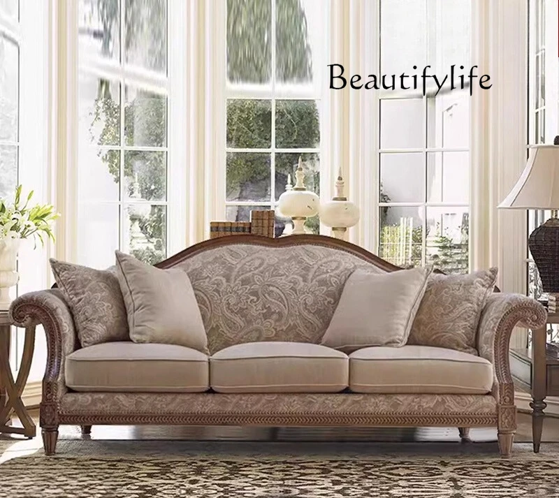 French solid wood carving flower sofa living room small apartment high-end fabric sofa villa home American three-person sofa
French solid wood carving flower sofa living room small apartment high-end fabric sofa villa home American three-person sofa