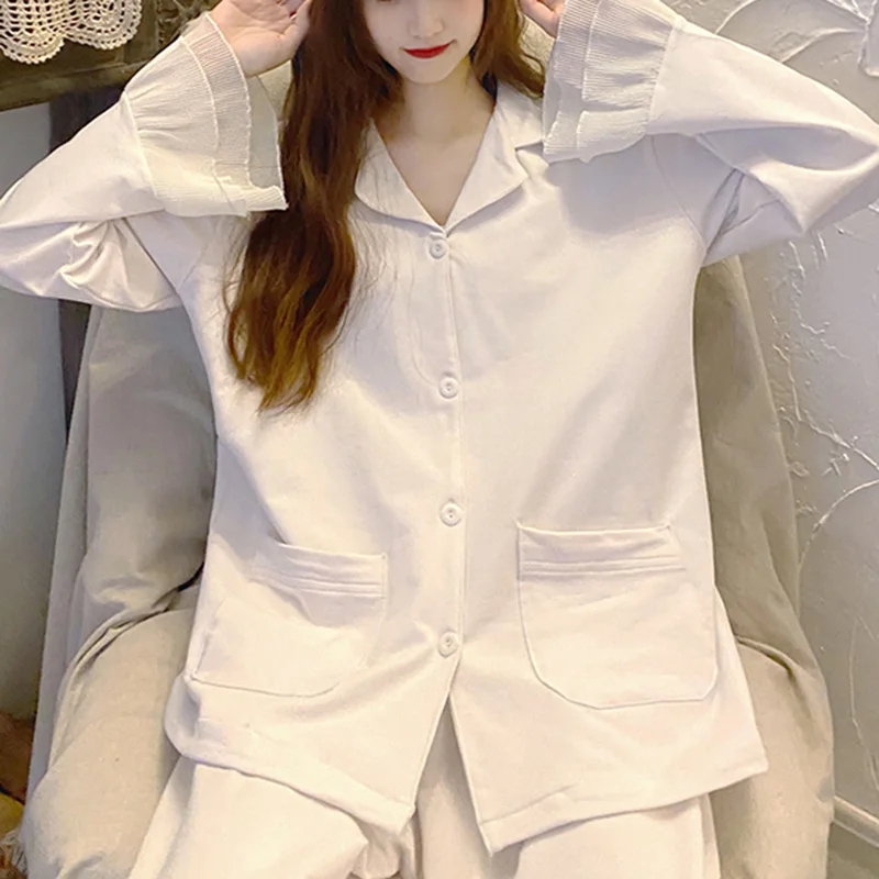 White Casual Pajama Sets Women Turn-down Collar Ruffles Fashion Spring Autumn Daily Home Lounge Wear Plus Size M-3XL Loose Suits
White Casual Pajama Sets Women Turn-down Collar Ruffles Fashion Spring Autumn Daily Home Lounge Wear Plus Size M-3XL Loose Suits