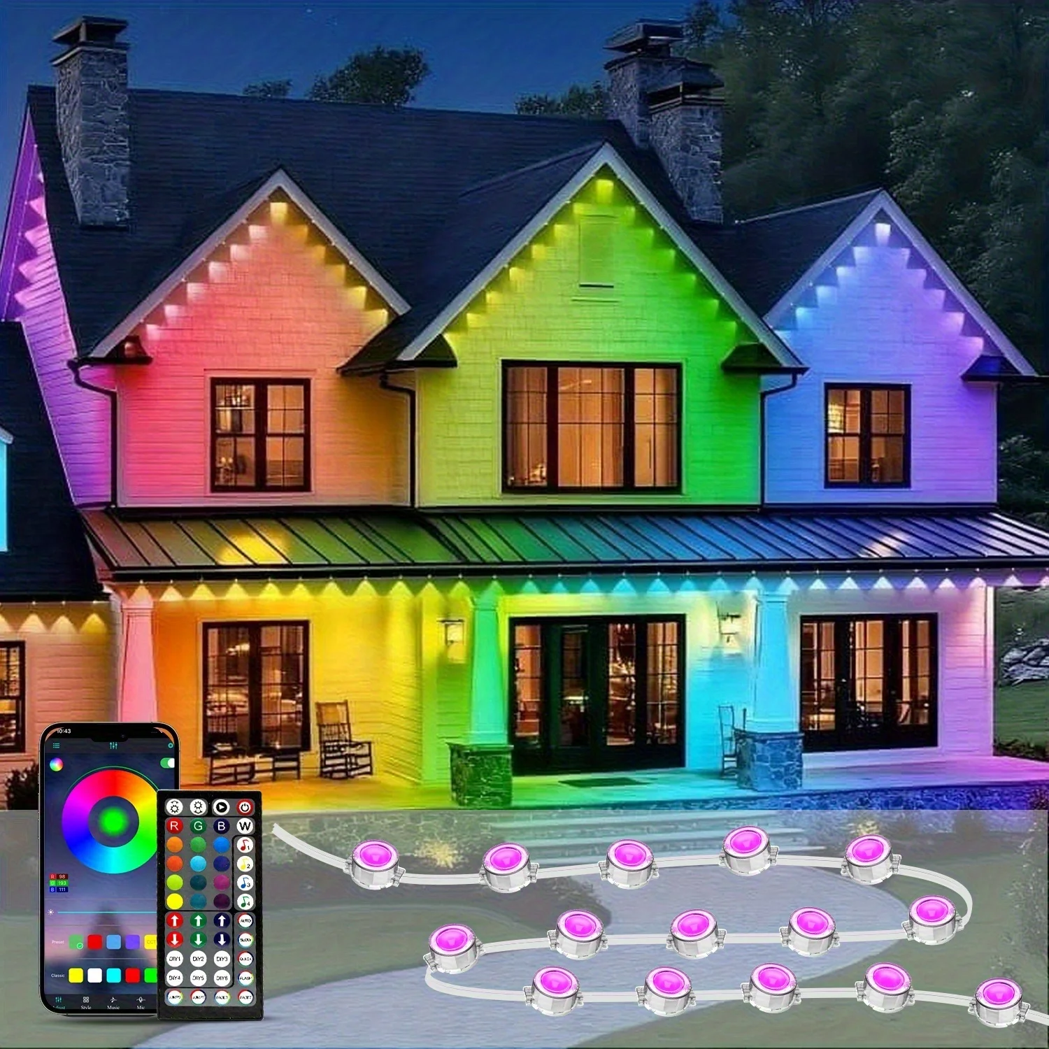 15ft/50ft/100ft 200ft/300ft/500ft Permanent Outdoor Lights, RGB LED Eaves Lights with APP/Remote Control, IP67 Waterproof LED Outdoor String Lights for Christmas, Halloween, Indoor, Outdoor Decor
15ft/50ft/100ft 200ft/300ft/500ft Permanent Outdoor Lights, RGB LED Eaves Lights with APP/Remote Control, IP67 Waterproof LED Outdoor String Lights for Christmas, Halloween, Indoor, Outdoor Decor
