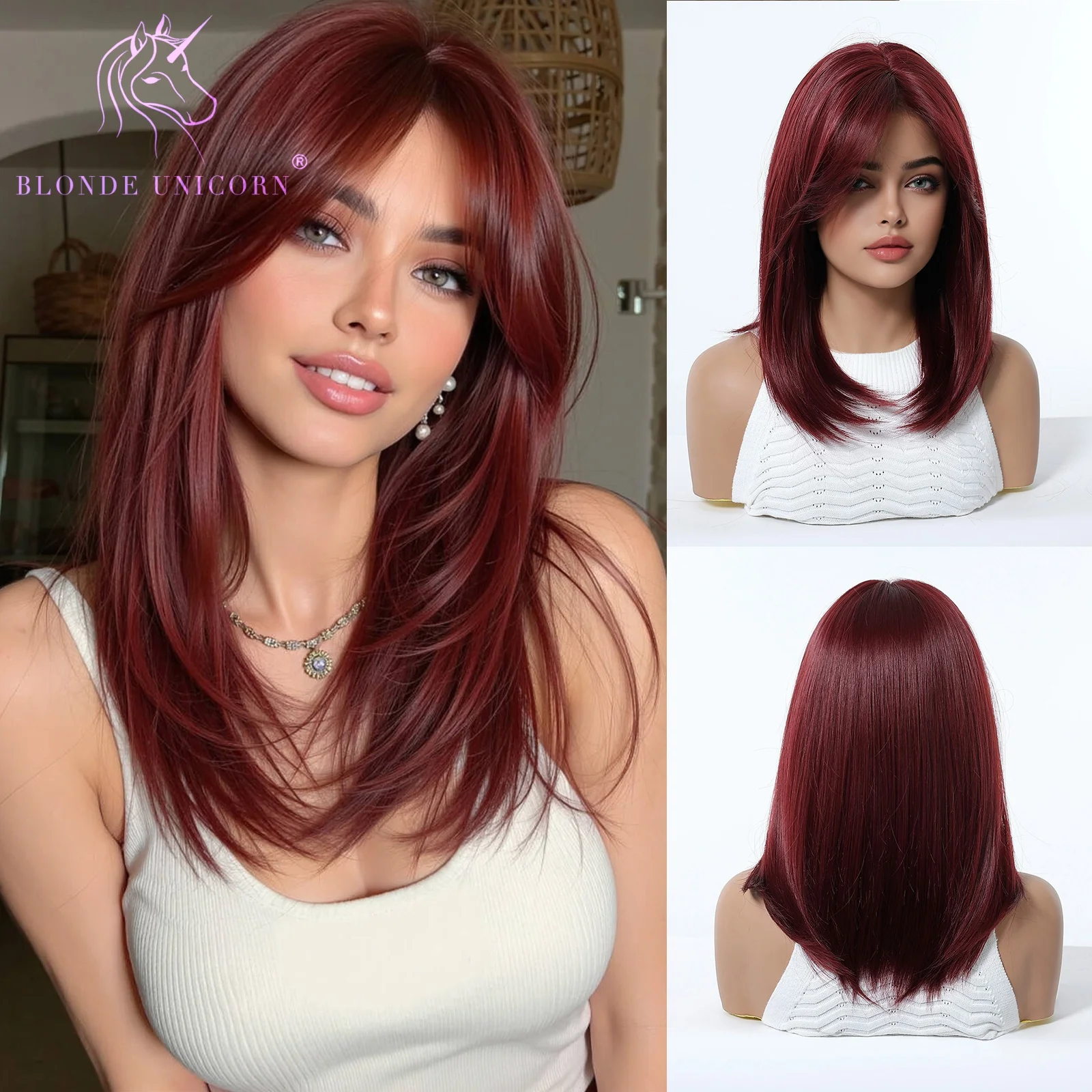 BLONDE UNICORN Burgundy Red Layered Long Straight Synthetic Wig with Curtain Bangs for Women Heat Resistant Hair for Daily Party
BLONDE UNICORN Burgundy Red Layered Long Straight Synthetic Wig with Curtain Bangs for Women Heat Resistant Hair for Daily Party