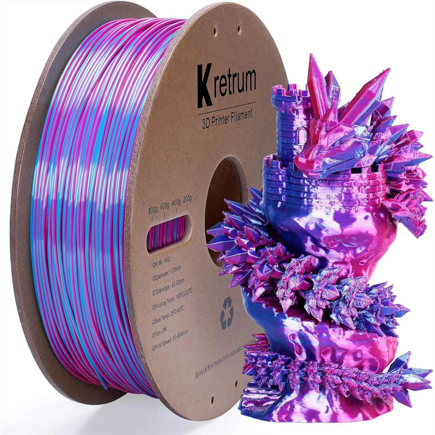 Dual Color Silk PLA 3D Printer Filament 1.75mm, Purple & Blue Color Changing 3D Printing Filament, 1kg/2.2lbs
Dual Color Silk PLA 3D Printer Filament 1.75mm, Purple & Blue Color Changing 3D Printing Filament, 1kg/2.2lbs
