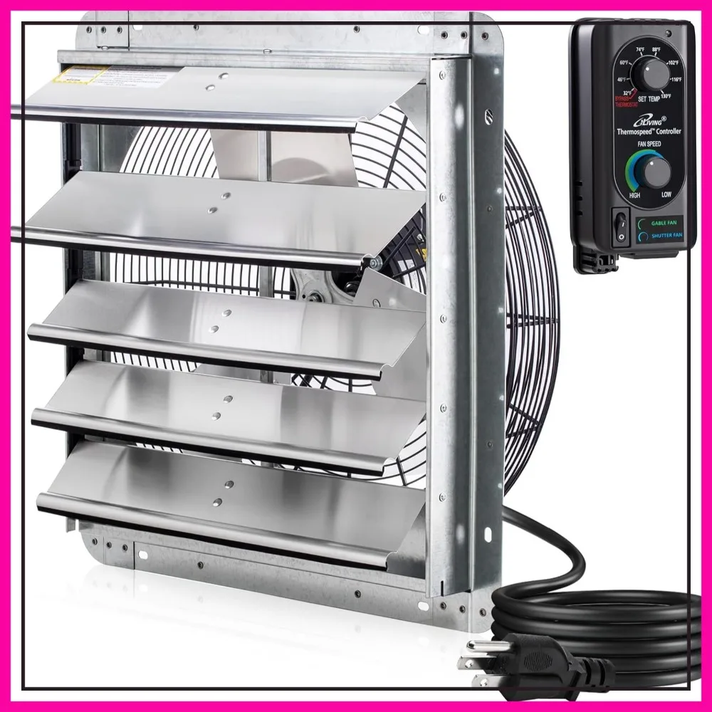 18" Wall Mounted Shutter Exhaust Fan, Automatic Shutter, Thermostat & Variable Speed, 1736 CFM, 2600 SQF Coverage, Silver
18" Wall Mounted Shutter Exhaust Fan, Automatic Shutter, Thermostat & Variable Speed, 1736 CFM, 2600 SQF Coverage, Silver