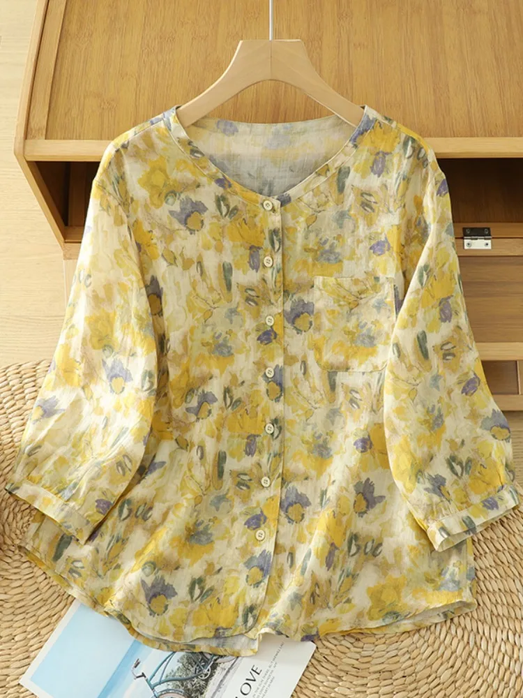 Yellow Floral Cotton Linen Loose Short Sleeve Shirt Women Summer Mom Style High End Thin Cotton Linen Top Comfortable Fit Shirt
Yellow Floral Cotton Linen Loose Short Sleeve Shirt Women Summer Mom Style High End Thin Cotton Linen Top Comfortable Fit Shirt