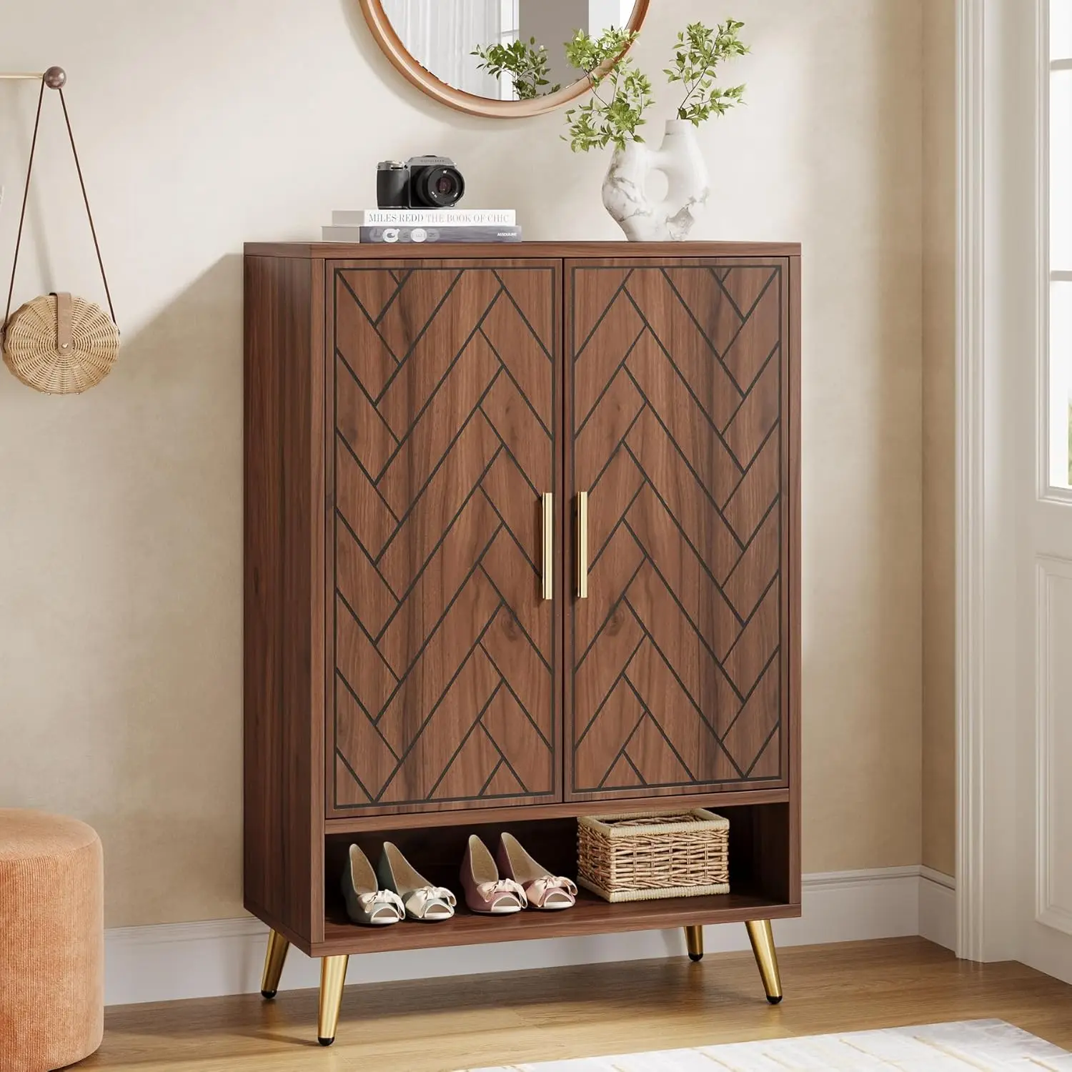 Entrance channel with door shoe cabinet, 6-story 24 pair wooden shoe cabinet with adjustable shelves and golden legs
Entrance channel with door shoe cabinet, 6-story 24 pair wooden shoe cabinet with adjustable shelves and golden legs