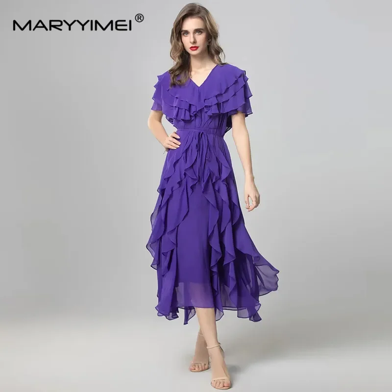 MARYYIMEI Spring Autumn Women's Dress V-Neck Butterfly sleeve High waist Lace-Up Flounced Edge Design Evening Dresses
MARYYIMEI Spring Autumn Women's Dress V-Neck Butterfly sleeve High waist Lace-Up Flounced Edge Design Evening Dresses