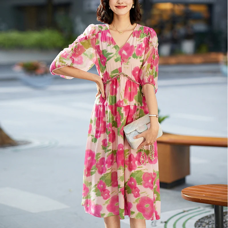 Prairie Chic Women's Floral Print Dress 2024 Summer V-neck Elegant Dresses For Women High Waist 100% Real Silk Woman Long Dress
Prairie Chic Women's Floral Print Dress 2024 Summer V-neck Elegant Dresses For Women High Waist 100% Real Silk Woman Long Dress