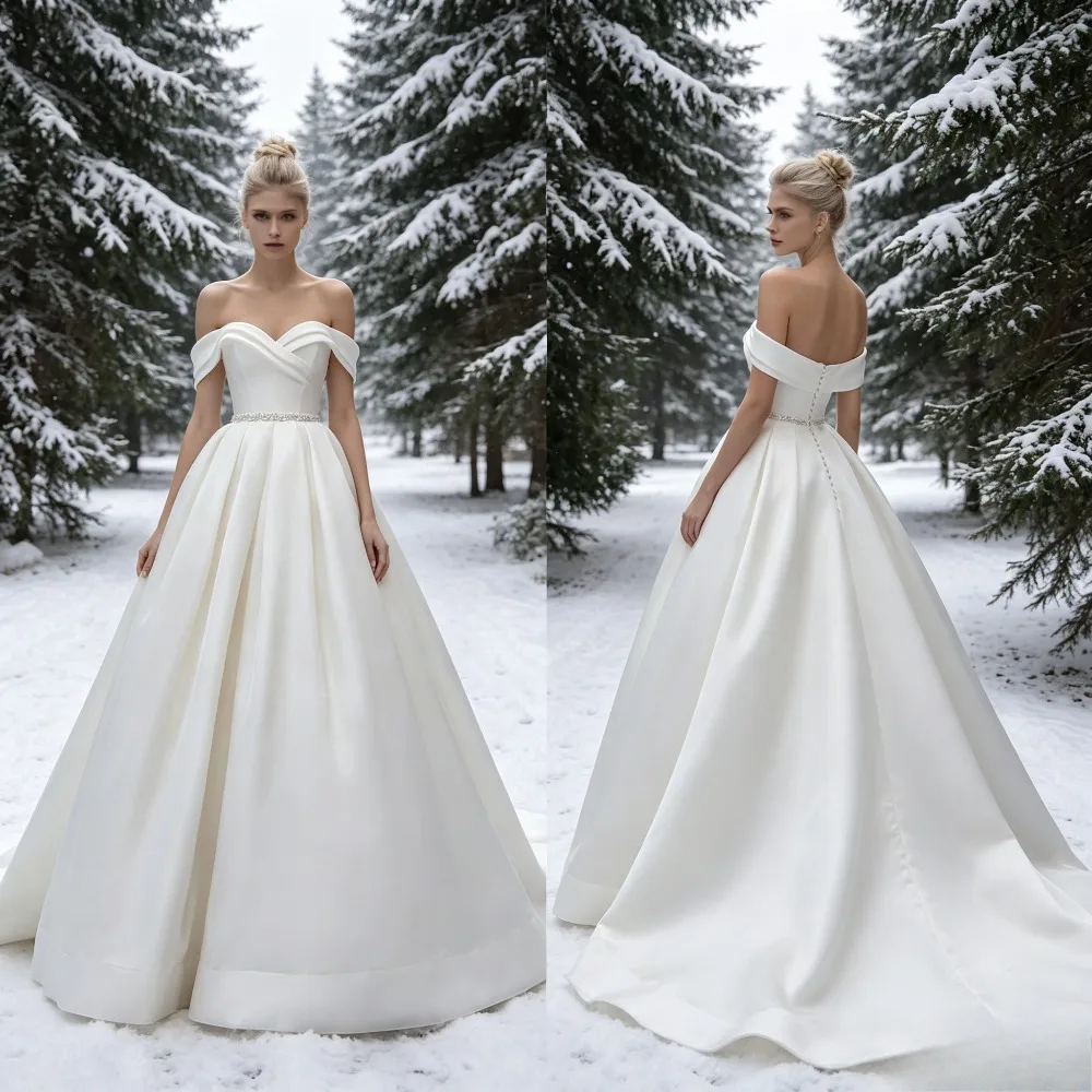 Customized Off Shoulder Satin Wedding Dress 2026 Item Heart-shaped Collar Sleeveless Backless Elegant Bridal Gown Zipper Back
Customized Off Shoulder Satin Wedding Dress 2026 Item Heart-shaped Collar Sleeveless Backless Elegant Bridal Gown Zipper Back