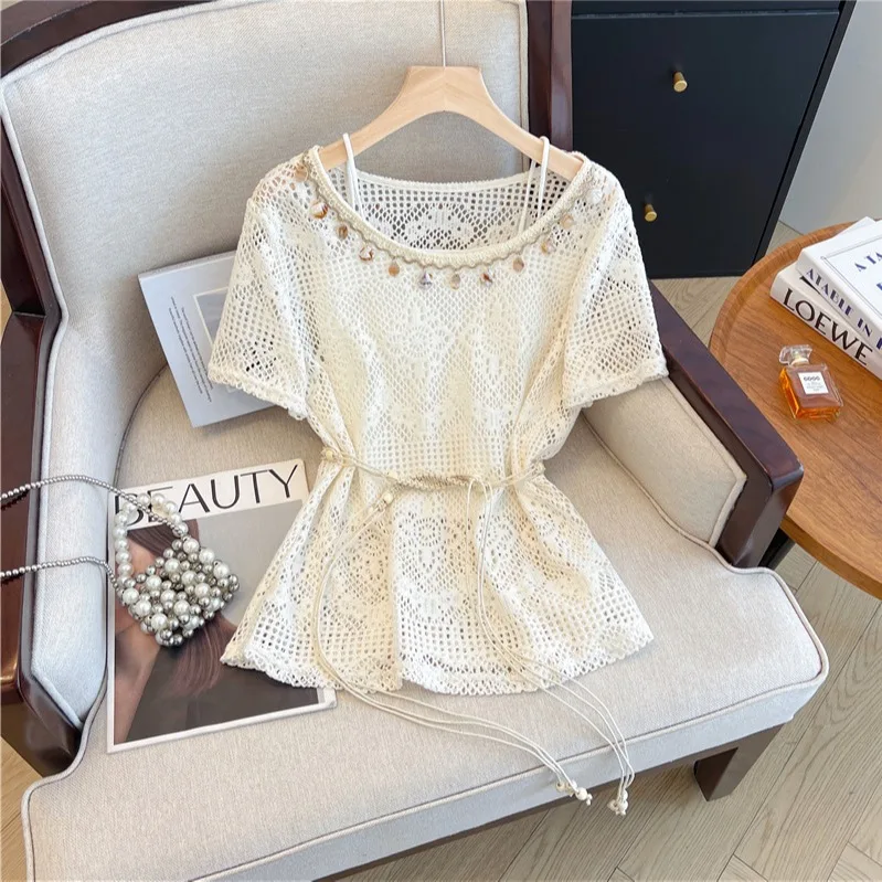 Women's Short Sleeve Knitted Sweater Hollow out Tagless Summer New Style Inner Match Small Strap Two Piece Set Slimming Effect
Women's Short Sleeve Knitted Sweater Hollow out Tagless Summer New Style Inner Match Small Strap Two Piece Set Slimming Effect