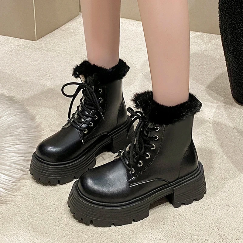 Warm Thicken Plush Ankle Boots Women Winter Lace-Up Chunky Platform Motorcycle Boots Woman Pu Leather Waterproof Cotton Botas
Warm Thicken Plush Ankle Boots Women Winter Lace-Up Chunky Platform Motorcycle Boots Woman Pu Leather Waterproof Cotton Botas