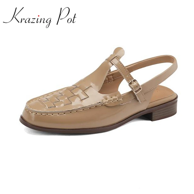 Krazing Pot Cow Leather Vintage Color Summer Round Toe Hollow Weaving Decoration Thick Low Heels Buckle Straps Retro Women Pumps 
Krazing Pot Cow Leather Vintage Color Summer Round Toe Hollow Weaving Decoration Thick Low Heels Buckle Straps Retro Women Pumps